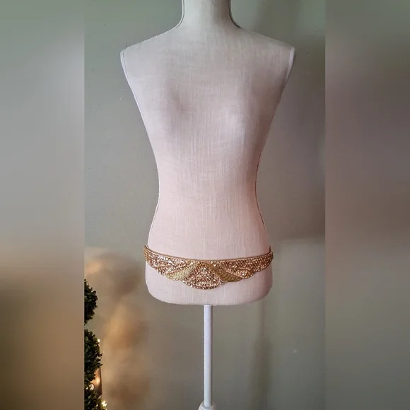 80s "Milor" Gold Sequin & Beaded Cummerbund Belt - Metallic Shades of Gold - Picture 5 of 9